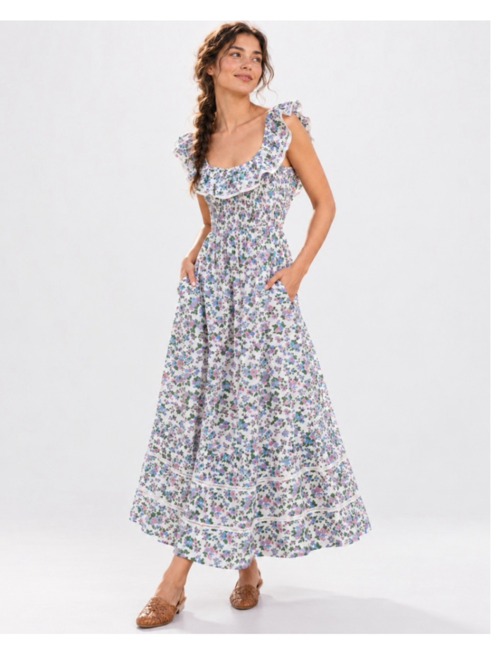 Pink City Prints Lavender Ditsy Susie Dress Medium Eyelet Cottage Prairie Farm